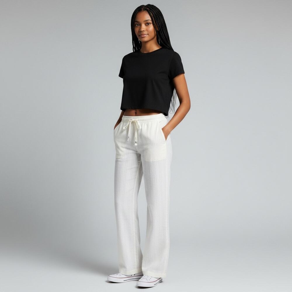 Billabong Women’s White Striped Beach Pants Drawstring Waist NWT